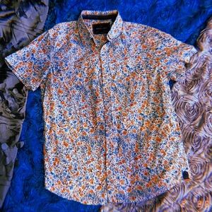 Orange & Blue Floral Short Sleeve Collared Men’s Shirt - Size M